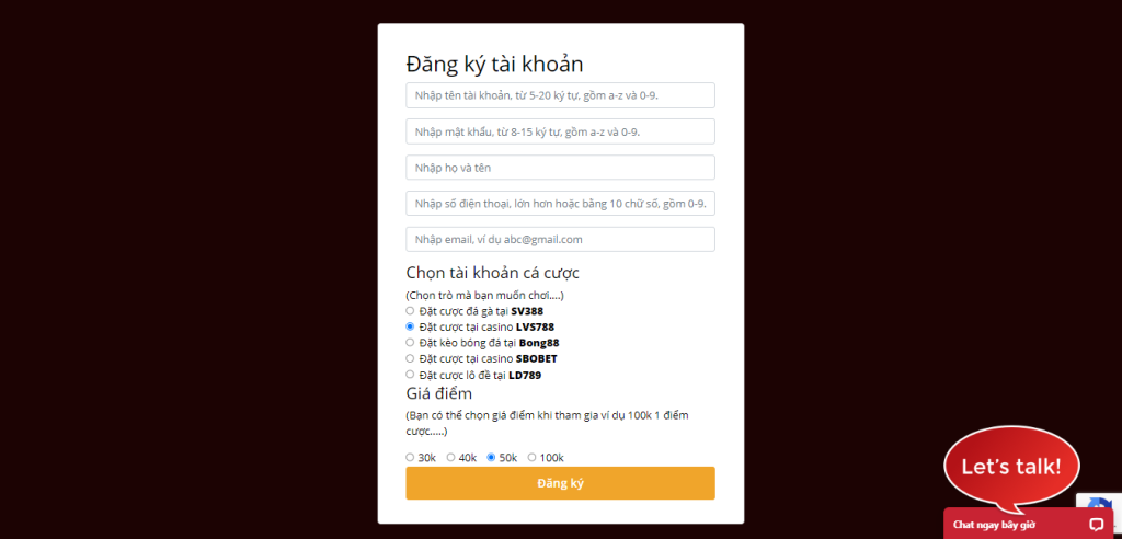 Giao diện khung đăng ký thông tin tài khoản LVS788.