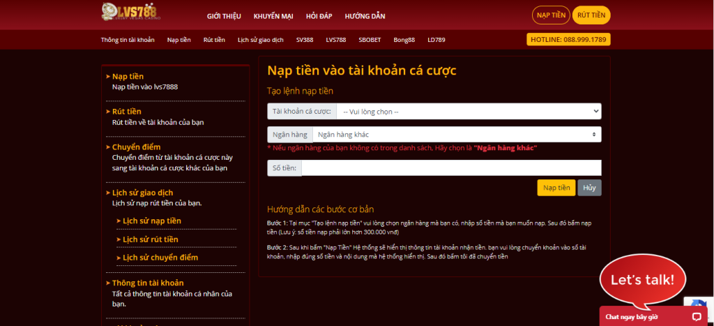 Giao diện tạo lệnh nạp tiền tài khoản LVS788.